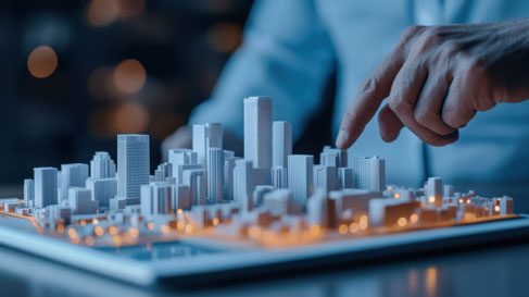 A planner pointing at a glowing 3D model of a city